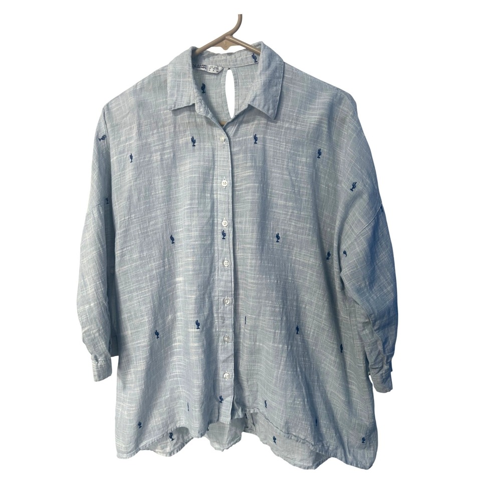 Zara Basic Z1975 Denim Light Blue Embroidered Cactus Button Down‎ Shirt Small